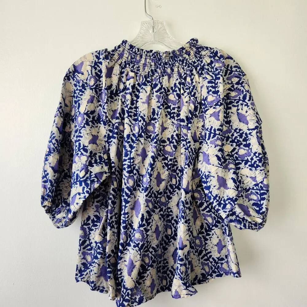 Free People Top Women's XS Blue Willow Printed Smocked Puff Sleeve Tie Babydoll